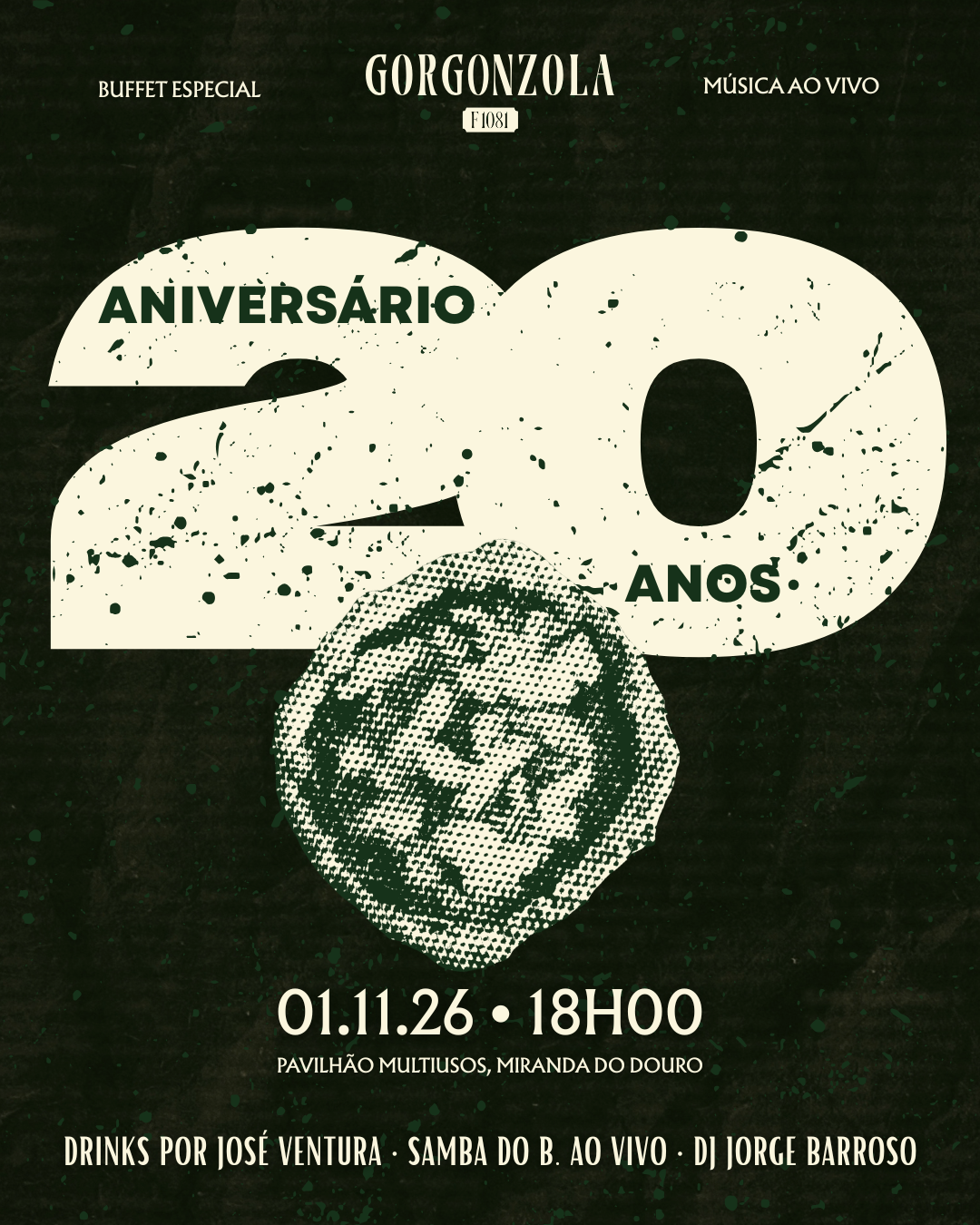 Aniversário 20 anos Gorgonzola — 01.11.26, 18h00, Pavilhão Multiusos, Miranda do Douro